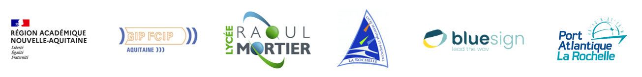 Logos des partenaires du consortium : la région académique Nouvelle-Aquitaine, le GIP FCIP d’Aquitaine, le lycée professionnel Raoul Mortier, le lycée maritime et aquacole de la Rochelle, l’entreprise Bluesign et le Port Atlantique La Rochelle.